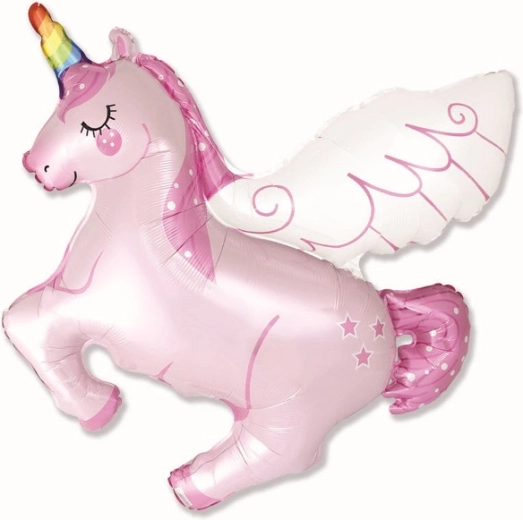 Palloncino in foil unicorno rosa con corno arcobaleno