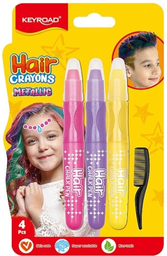 Gessetti per capelli Keyroad Metallic Shine – rosa, viola e giallo, con pettine