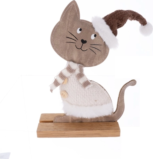 Decorazione natalizia a forma di gatto in legno e pelliccia