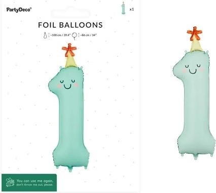 Palloncino in foil numero 1 color menta opaco con faccina 86 cm