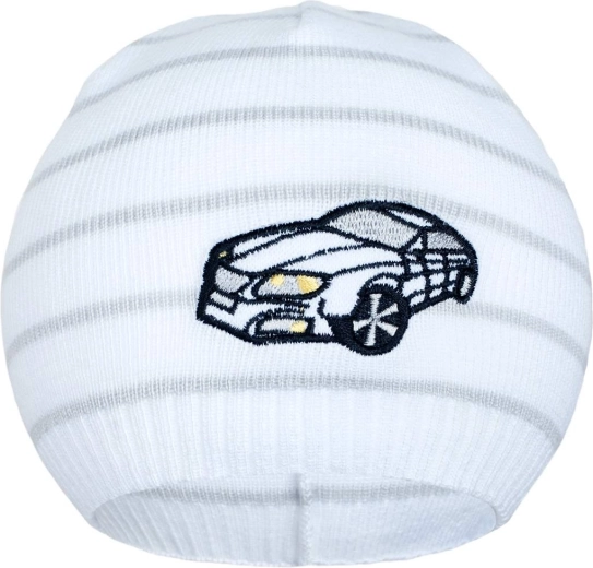 Cappellino primaverile in maglia New Baby con automobilina bianco/grigio chiaro