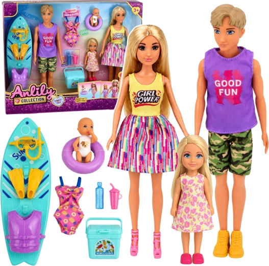 Set famiglia di bambole Anlily surfer con bebè e accessori da spiaggia