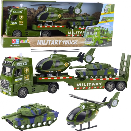 Autotreno militare con semirimorchio, elicottero e carro armato con luci e suoni