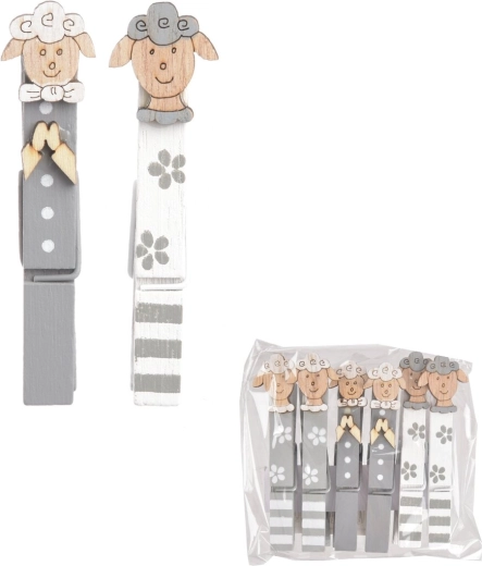 Mollette decorative in legno con motivo pecorella 9 cm, 6 pz