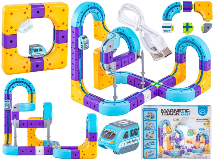 Set magnetico di costruzione per pista per auto e treno con fissaggio magnetico, 87 pezzi