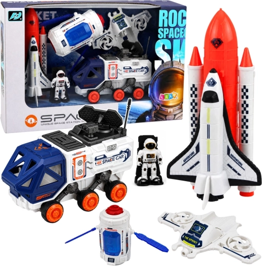 Set spaziale con razzo, navetta, satellite, drone, astronauta e veicolo
