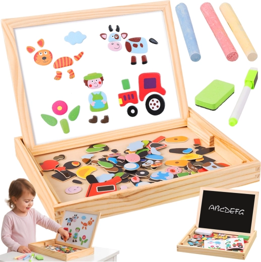 Kruzzel lavagna educativa bifacciale magnetica e a gesso in scatola di legno 108 pezzi