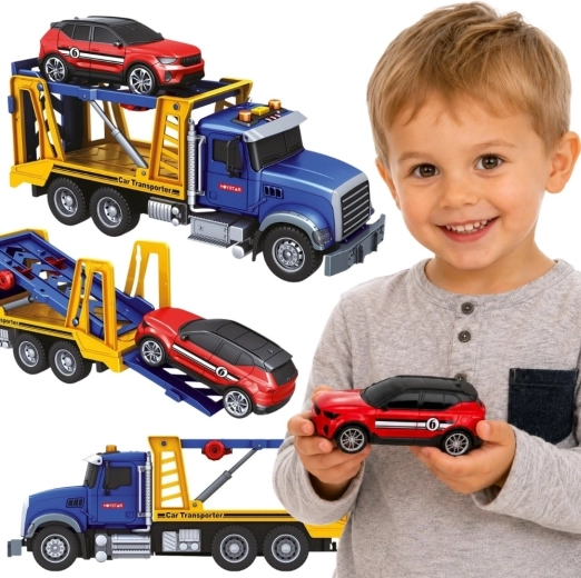 Camioncino da traino Woopie con trasportatore e auto con luci e suoni, scala 1:14