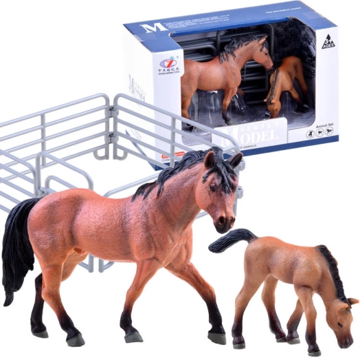 Set di figure di cavallo e puledro con recinto – Marrone – recinto modulare