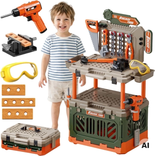 Banco da lavoro per bambini Woopie 4 in 1 con trapano elettrico e accessori 90 pz