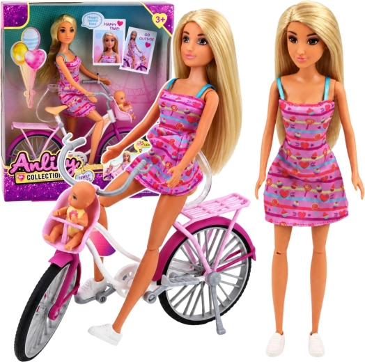 Bambola Anlily in abito rosa con bicicletta, seggiolino per bambini e bebè