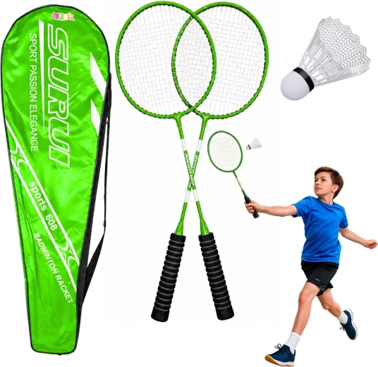 Set da badminton verde con 2 racchette, volano e custodia