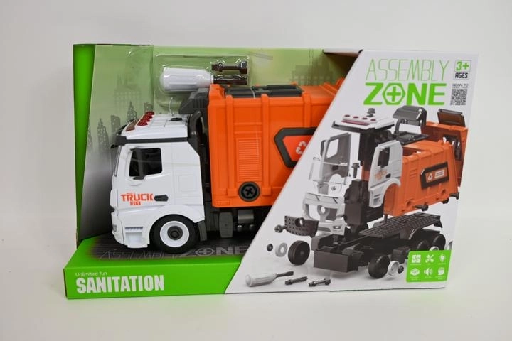 Camion della spazzatura per bambini a batterie da assemblare con viti, luce e suono