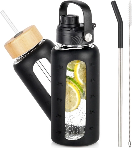 Borraccia in vetro con custodia protettiva in silicone e coperchi intercambiabili, nera 800 ml