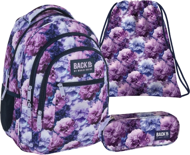Set scolastico BackUP Violet Flowers 3 in 1 – zaino, astuccio e sacca