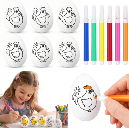 Uova di polistirolo pasquali da colorare con pennarelli e motivo di gallina - 6 pezzi