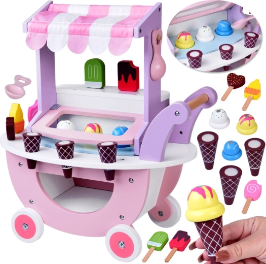 Bancarella dei gelati in legno con ruote per bambini con set