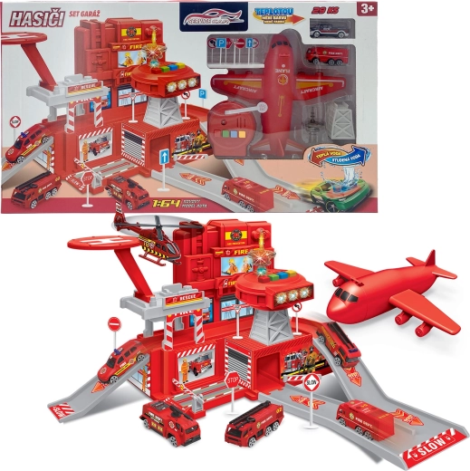 Set dei vigili del fuoco con garage e auto che cambiano colore