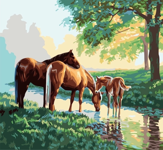 Pittura con numeri Famiglia di cavalli vicino al ruscello 40 × 50 cm