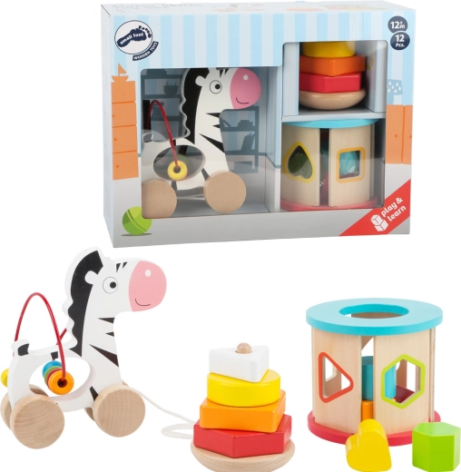 Small Foot set di giochi in legno 3 in 1 con zebra, gioco a incastro e piramide