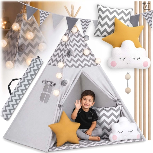 Tenda teepee per bambini con lucine Nukido grigia