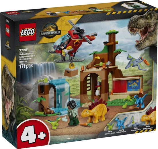 Centro di salvataggio LEGO Jurassic World con velociraptor, stegosauro e pteranodonte