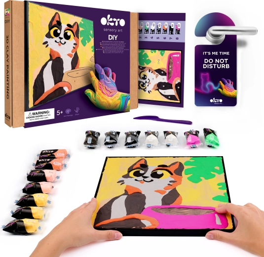 OKTO Gatto con ciotola – kit creativo per dipingere con la pasta secondo i numeri 29 × 29 cm