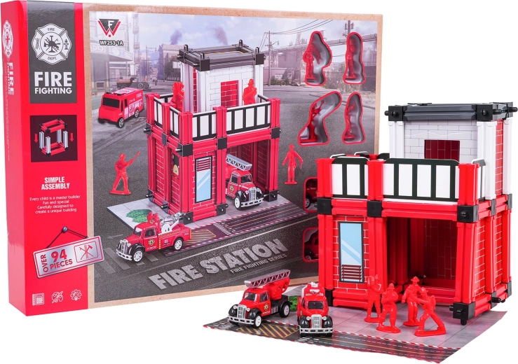 Garage dei pompieri con accessori e personaggi