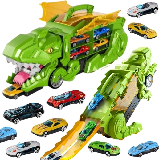 Dinosauro mangia-auto Woopie con pista e macchinine, 13 pezzi