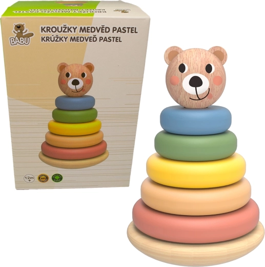 Babu piramide impilabile in legno con anelli pastello orsetto