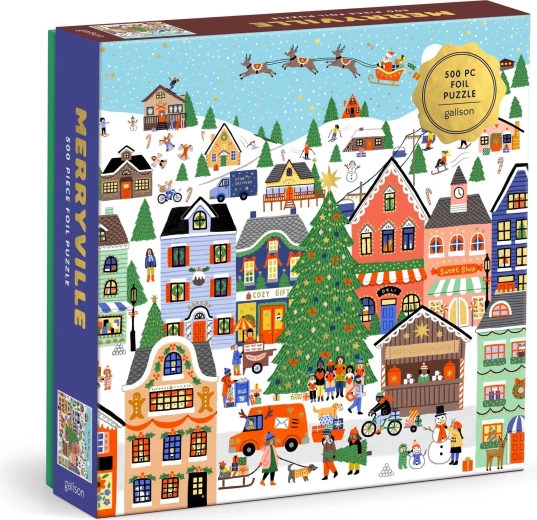 Puzzle quadrato metallico Galison con paesino innevato, 500 pezzi