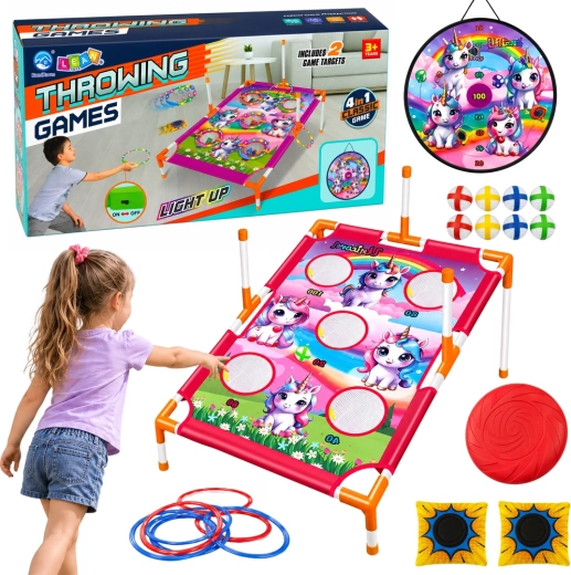 Gioco per bambini di lancio al bersaglio 4 in 1 con unicorno – bersaglio, tabellone a punti, anelli e frisbee