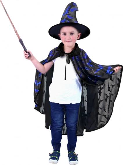 Mantello da strega/stregone per bambini con stampa di pipistrelli e cappello, nero