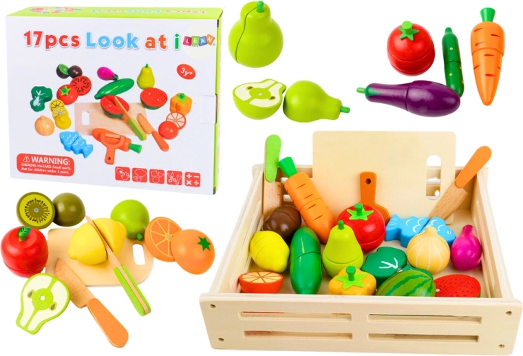 Set in legno di frutta e verdura in cassetta con magneti per cucina giocattolo