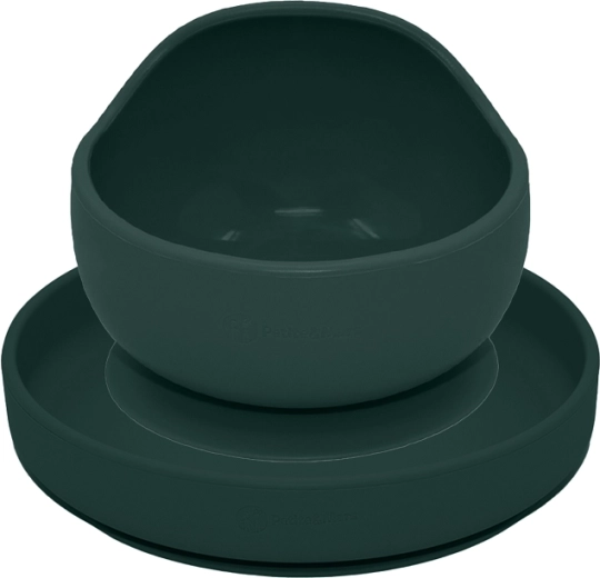 Petite&Mars set pappa in silicone Take&Match – piatto e ciotola con ventosa Misty Green, 2 pz