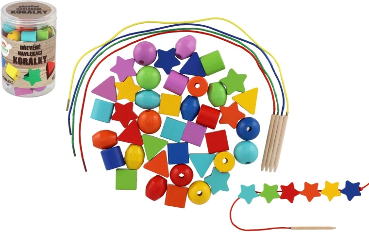 Perline di legno colorate da infilare con cordini in barattolo (42 pz)