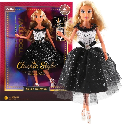 Bambola alla moda con abito da sera in bianco e nero