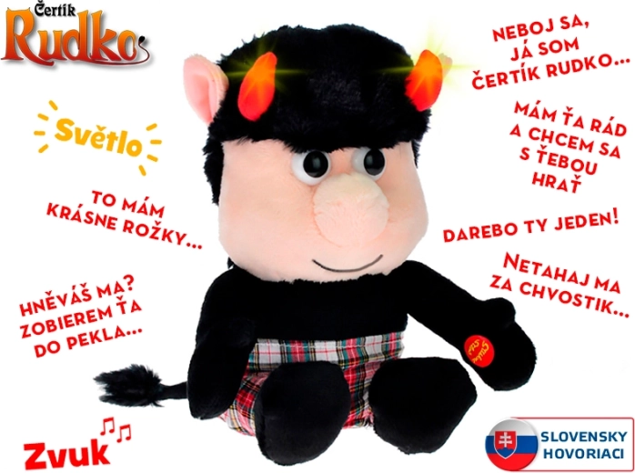 Diavoletto di peluche interattivo Rudko 20 cm con corna luminose e frasi in slovacco
