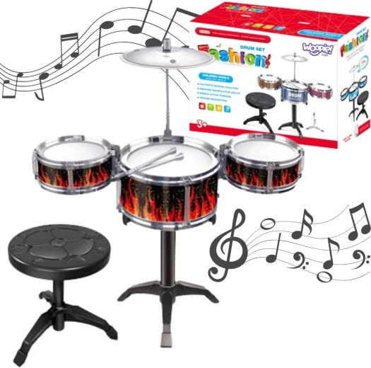 Batteria per bambini Woopie con 3 tamburi, piatto e sgabello