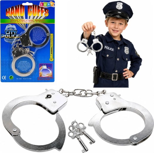 Manette della polizia in metallo con chiavi per bambini, argento