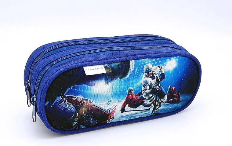 Astuccio con motivo di hockey su ghiaccio, doppia cerniera, blu