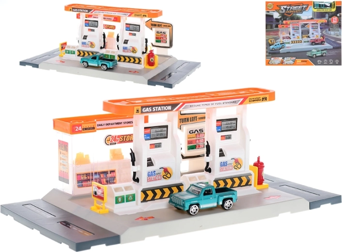 Set costruzione stazione di servizio 34 × 17 cm con auto in metallo