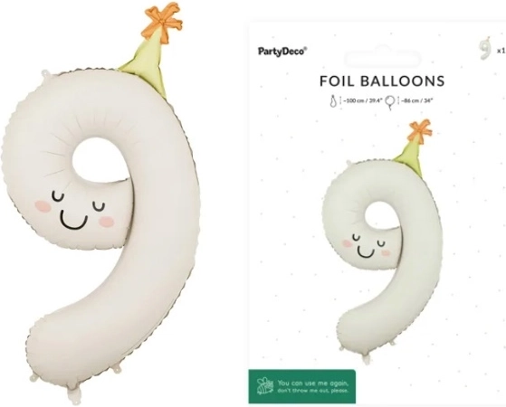 Palloncino in foil numero 9 color crema con faccina