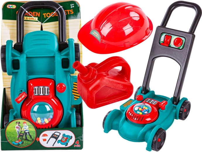 Tosaerba da giardino per bambini con casco e tanichetta