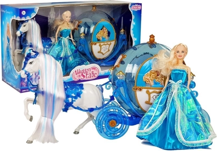 Bambola con carrozza e cavallo da pettinare – set blu