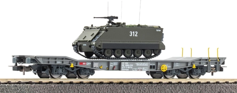 Carro pianale Piko Slmmnps con veicolo corazzato M113 (SBB-CFF), H0