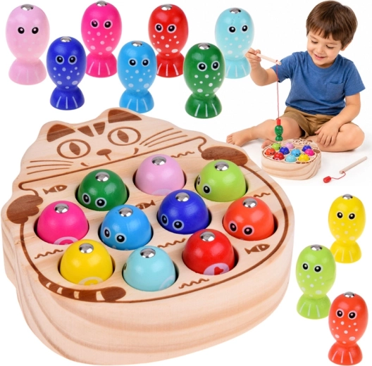 Gioco magnetico in legno per pescare i pesciolini con gattino (13 pezzi)