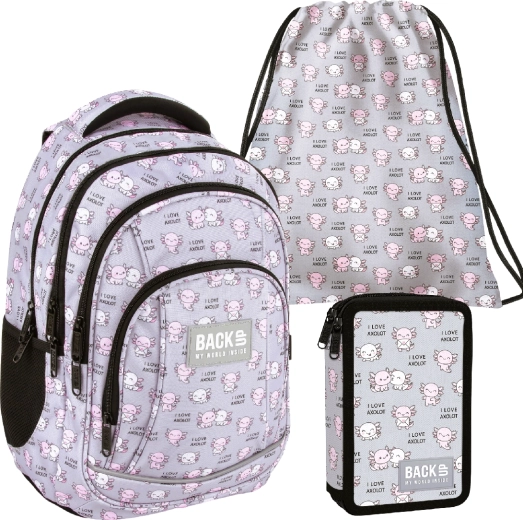 Set scolastico BackUP Axolot Love 3 in 1 – zaino, astuccio completo e sacca
