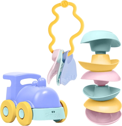 Simple. set di giocattoli per neonati – locomotiva blu, barchette impilabili e sonaglino massaggiagengive