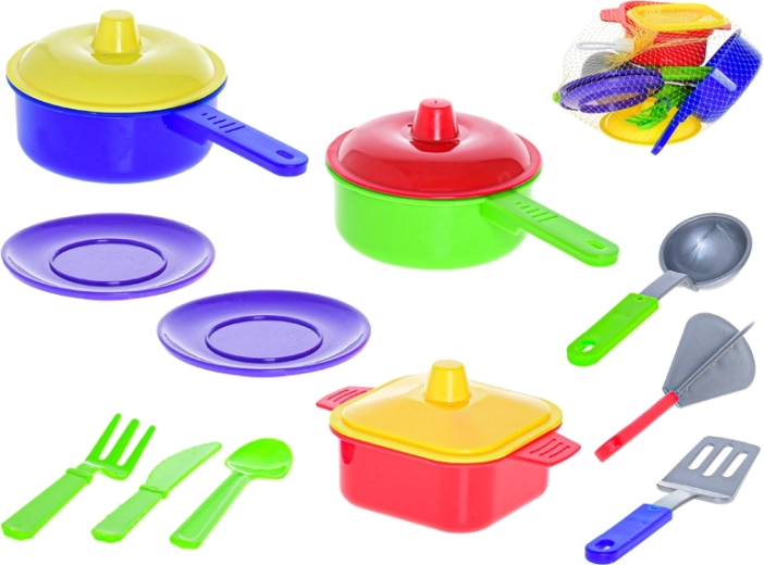 MAD set da cucina giocattolo in plastica per bambini con stoviglie e posate in rete